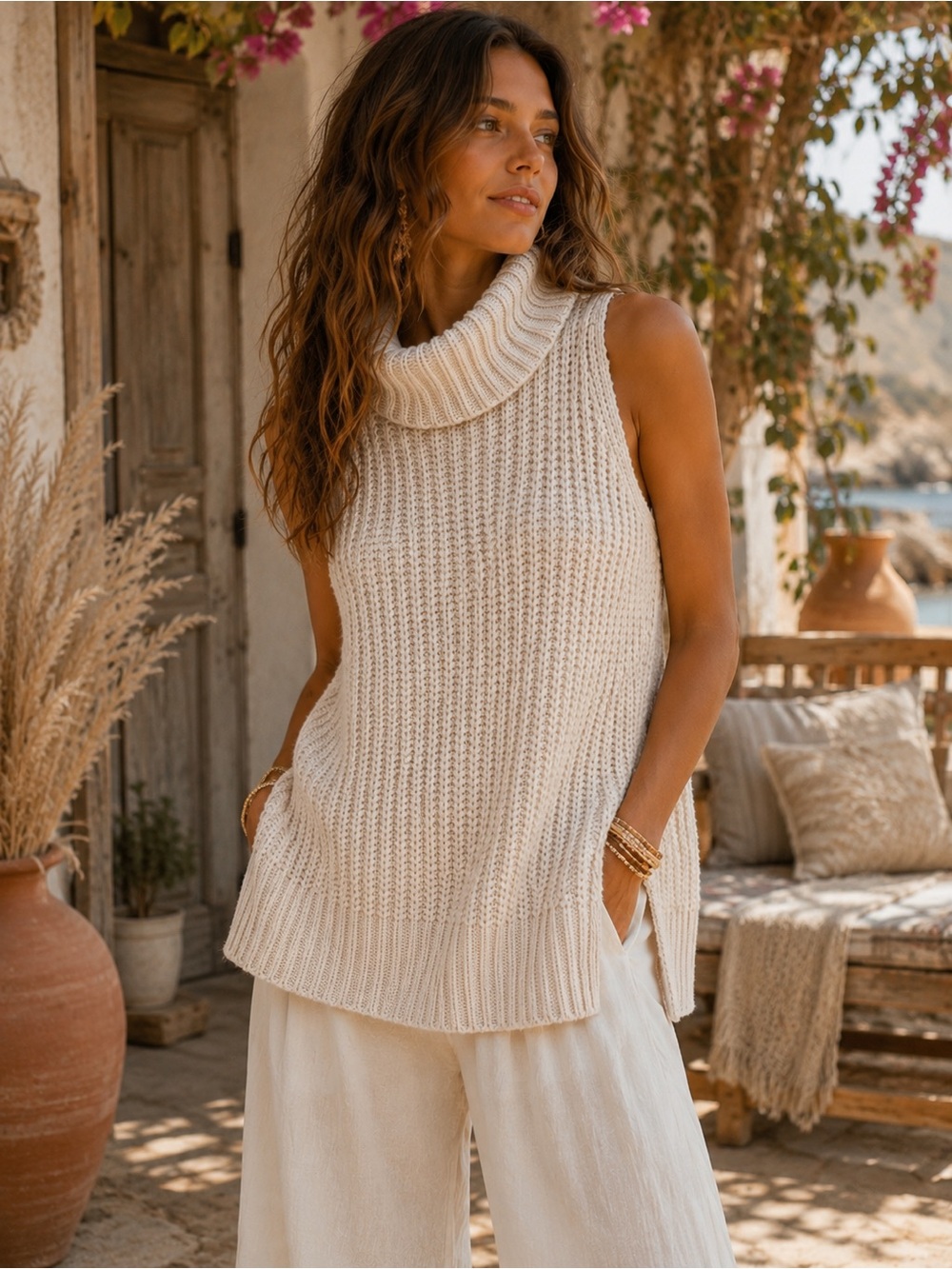 H&M Cream Sleeveless Turtleneck Knit Sweater
